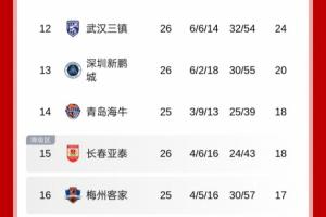 地獄難度！積分榜：新鵬城僅領(lǐng)先降級(jí)區(qū)2分，將戰(zhàn)國安+申花+蓉城