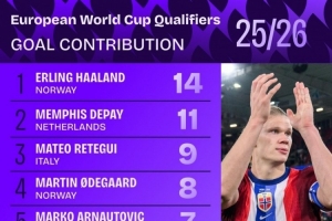 本屆歐洲世預(yù)賽參與進(jìn)球榜：哈蘭德14球居首，德佩11球次席