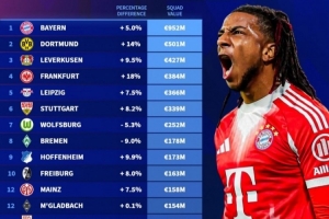 德甲各隊(duì)身價排名：拜仁9.52億歐遙遙領(lǐng)先 多特蒙德5.01億歐第二