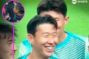 可愛??對(duì)陣巴拉圭合影環(huán)節(jié)，孫興慜與SONNY發(fā)型的小球迷打招呼