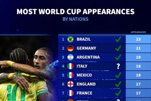 各國(guó)參加世界杯次數(shù)：巴西23次最多，德國(guó)21次、阿根廷19次前三