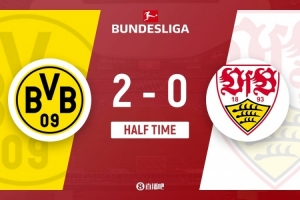 半場(chǎng)-多特蒙德2-0斯圖加特 埃姆雷·詹點(diǎn)射破門拜爾補(bǔ)射