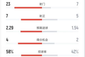 皇馬0-2塞爾塔全場(chǎng)：射門(mén)23-7，射正7-5，控球率58%-42%，紅牌2-0