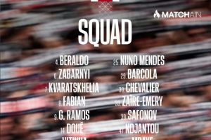 巴黎對(duì)陣梅斯名單：舍瓦利耶、貝拉爾多、盧卡斯回歸，登貝萊缺席